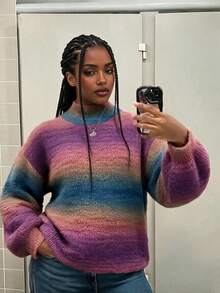 Vintage Gradient Colorful Mock Neck Long Sleeve Sweater - Multicolor - View 1