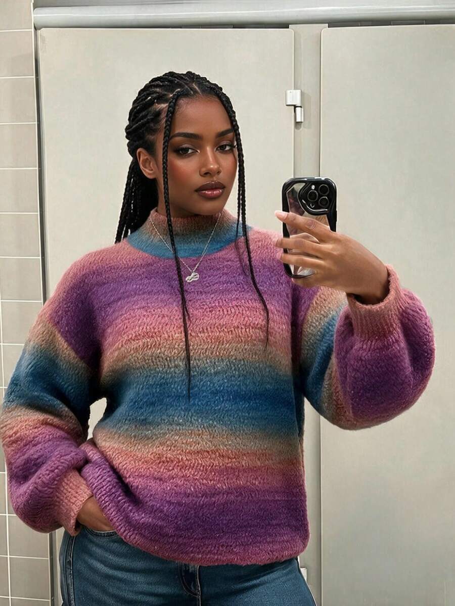 Vintage Gradient Colorful Mock Neck Long Sleeve Sweater - Multicolor - View 1