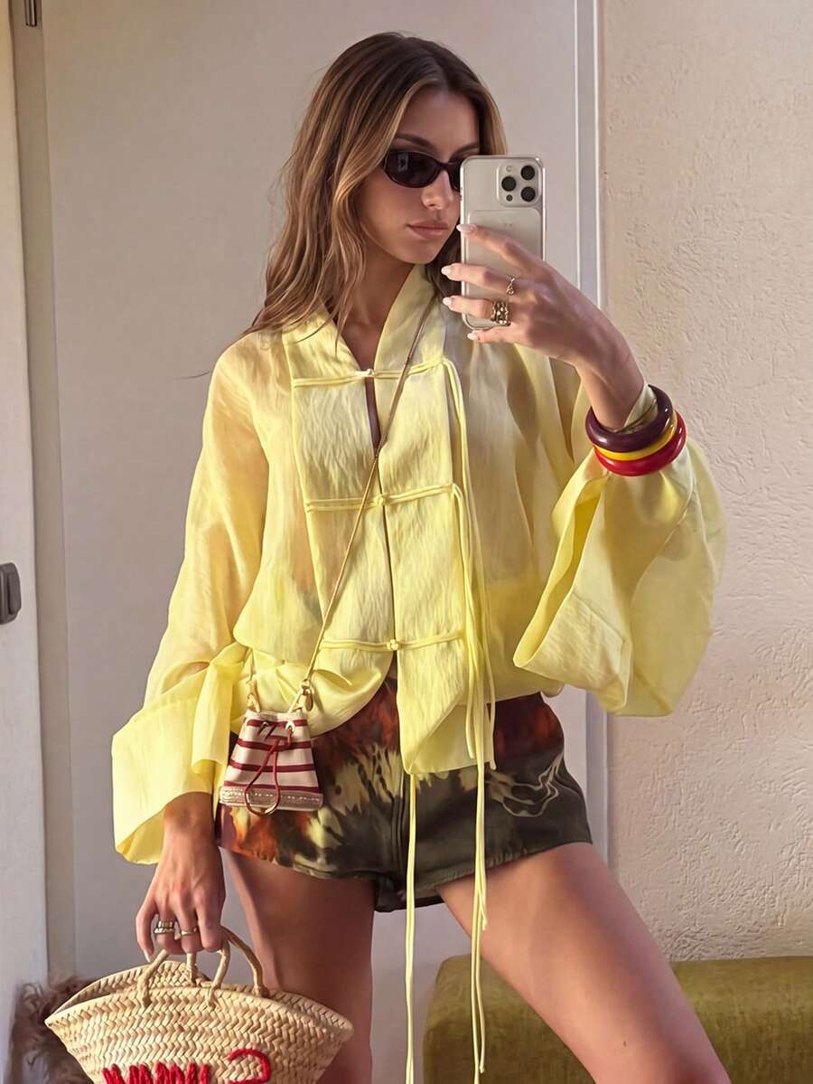 Women Chinese Frog Button Sheer Blouse, Long Sleeve Tie Front Loose Yellow Shirt, Casual Stand Collar See Through Top - Yellow - View 1