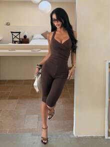 Women's Halter-Neck Wrap-Front V-Neck Pleated Slim-Fit Knee-Length Jumpsuit, Sleeveless Solid-Color Bodycon Jumpsuit - Coffee Brown - View 3