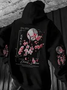 Krometka Men's Japanese Style Cherry Blossom Pattern Hooded Sweatshirt, Zen Moon Atmosphere Loose Casual Pullover - Black - View 2