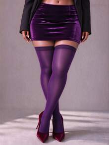 1 Pair Plus Size Solid Purple Semi-Sheer Knee-High Socks, Wide Cuff Long Socks For Party Outfit - Multicolor - View 2