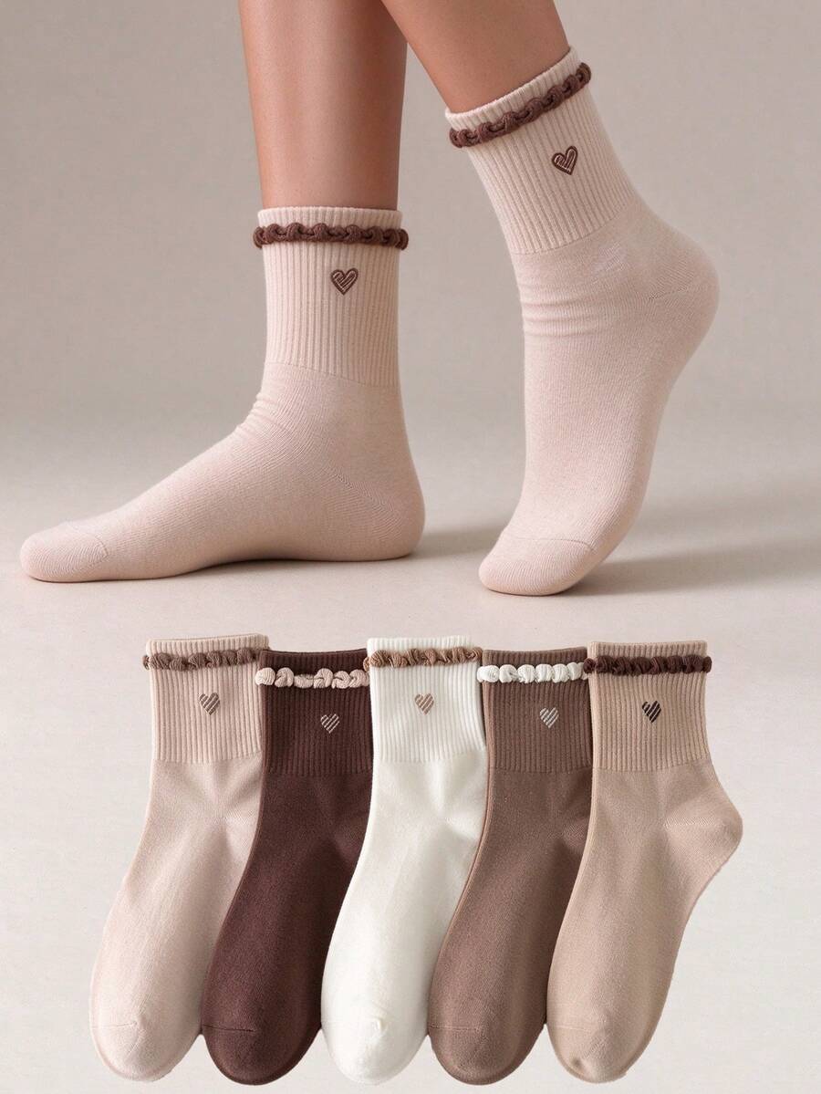 5 Pairs Women's Mid-Calf Socks With Ruffle Trim And Heart Design ...