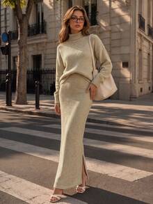 Women Fall Turtleneck Knit Set Long Sleeve Sweater And Maxi Skirt Two Pieces Outfit Soft Knitted Casual Autumn Matching Set For Daily Wear - Khaki - View 7
