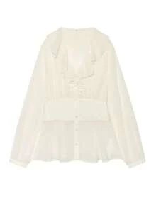 Women's Ruffle Layered Blouse Fall Beige Long Sleeve Shirt Button Up Sheer Chiffon Top Autumn Peplum V Neck Boho Going Out Tops Pleats Elegant Blouses - Beige - View 4