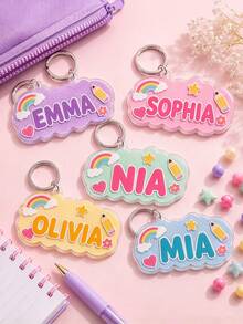1pc Customized Cloud Acrylic Keychain, Personalized Name, Cute Rainbow Pencil Case Charm, Suitable For Backpack, School Bag, Handbag And Luggage, Gift For Girls, Commemorative Keychain, Back To School Keychain - Multicolor - View 5