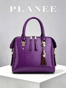 Women's Bright Purple Crocodile-Embossed Glossy PU Top Handle Satchel & Matching Envelope Clutch Set - Crocodile Pattern Mother-baby Bag - View 8