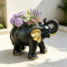 Large Elephant Resin Flowerpots, Windproof Animal-Shaped Pots, Decorative Garden Pots, Outdoor Garden Decor, Courtyard Balcony Home Decorations, Traditional Style - Black - View 7