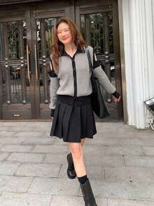 Women's Colorblock Zip-Up Knit Cardigan Sweater Jacket, Autumn/Winter - Grey - View 7