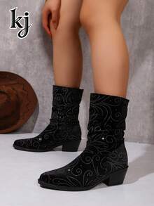 Botas de tobillo con punta y fruncido, con patrón de remolino de strass negro, botas de tacón grueso para mujeres europeas y americanas para fiestas - Negro - Ver 3
