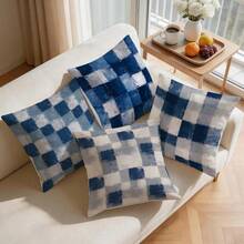 4pcs/1pc Blue Gray Square Abstract Grid Pattern Pillow Case, Single-Sided Printed Pillow Cover, Suitable For Living Room Bedroom Home Decor, All Season Pillow Case - Multicolor - View 8