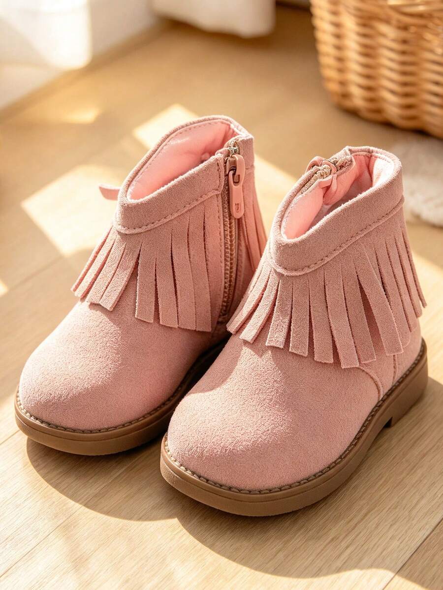 Kids Vintage Pink Fringe Ankle Boots, Suede Side Zip Booties With Chunky Heel, Sweet Autumn Winter Shoes - Pink - View 1