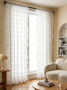 1pc French Romantic Style Semi-Sheer Curtain Panel, With Scalloped Lace Edge, 100% Polyester Mesh, Wave Rod Pocket Design, Adjustable Decorative Curtain Suitable For Living Room, Bedroom, Balcony, Classic Style, Machine Washable, Suitable For Seasonal Use, Rod Pocket Design, No Lining, Semi-Sheer, Country Style, High Quality, Rod Pocket Design, Suitable For Door Curtain Panel, Woven, Polyester Fiber - Multicolor - View 6