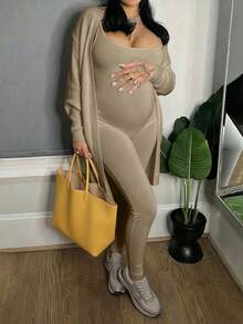 Maternity Jumpsuit Fashionable Sports Comfortable Home Wear - Khaki - View 3
