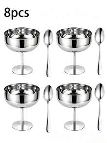 12/8/2pcs Ins Style Premium Gold Stainless Steel Dessert Cup With Spoon Set, European Vintage High-Foot Ice Cream Bowl, Stackable For Easy Storage, Party Dessert Table Tableware - Multicolor - View 16