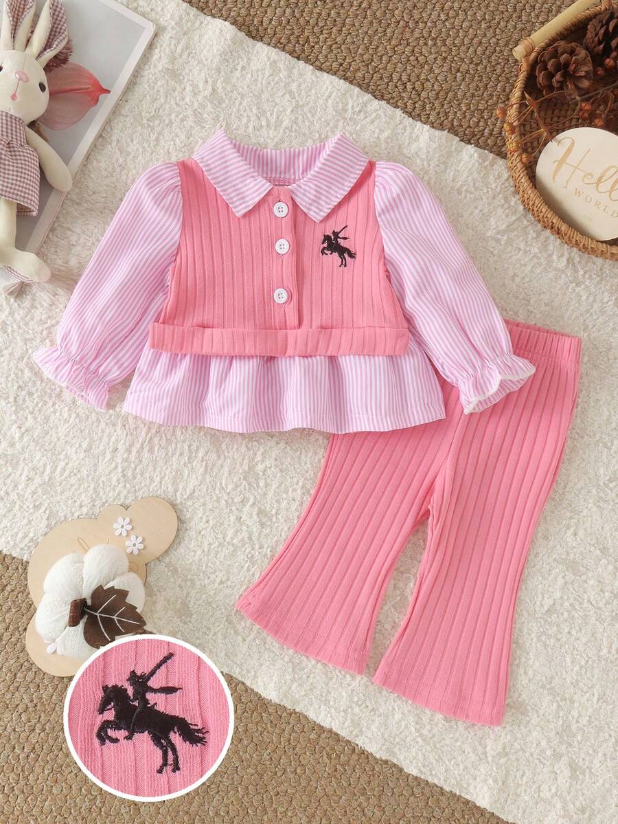 2pcs Baby Girl Cute Casual Long Sleeve Ribbed Collared Shirt & Ribbed Pants Set, Thin Spring/Autumn - Pink - View 1
