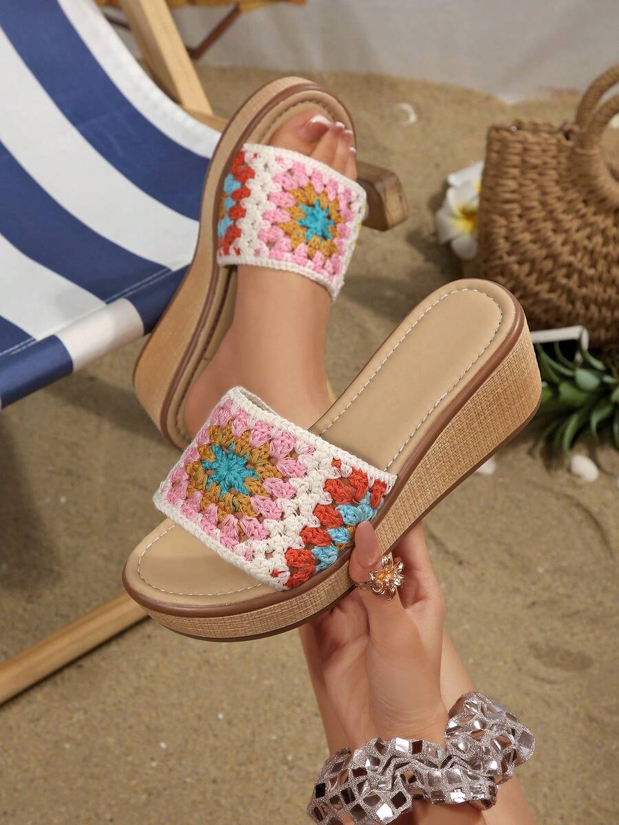 Women Crochet Lace Wedge Slide Sandals, Bohemian Open Toe Platform Slip On Summer Slippers - White - View 1