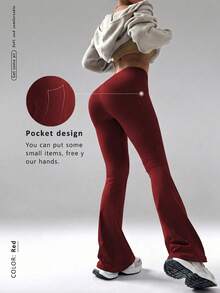 FWH High Waist Slimming Flare Pants With Hidden Pockets, Functional Sports Version | Vintage Street Style, Anti-Slip Waistband + Hidden Pockets | Red Winter Edition - Red - View 1