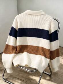 Áo len chui đầu nam thiếu niên cổ polo, sọc tương phản, nửa khuy, dáng rộng, dệt waffle, phong cách thường ngày - Màu be - Xem 7