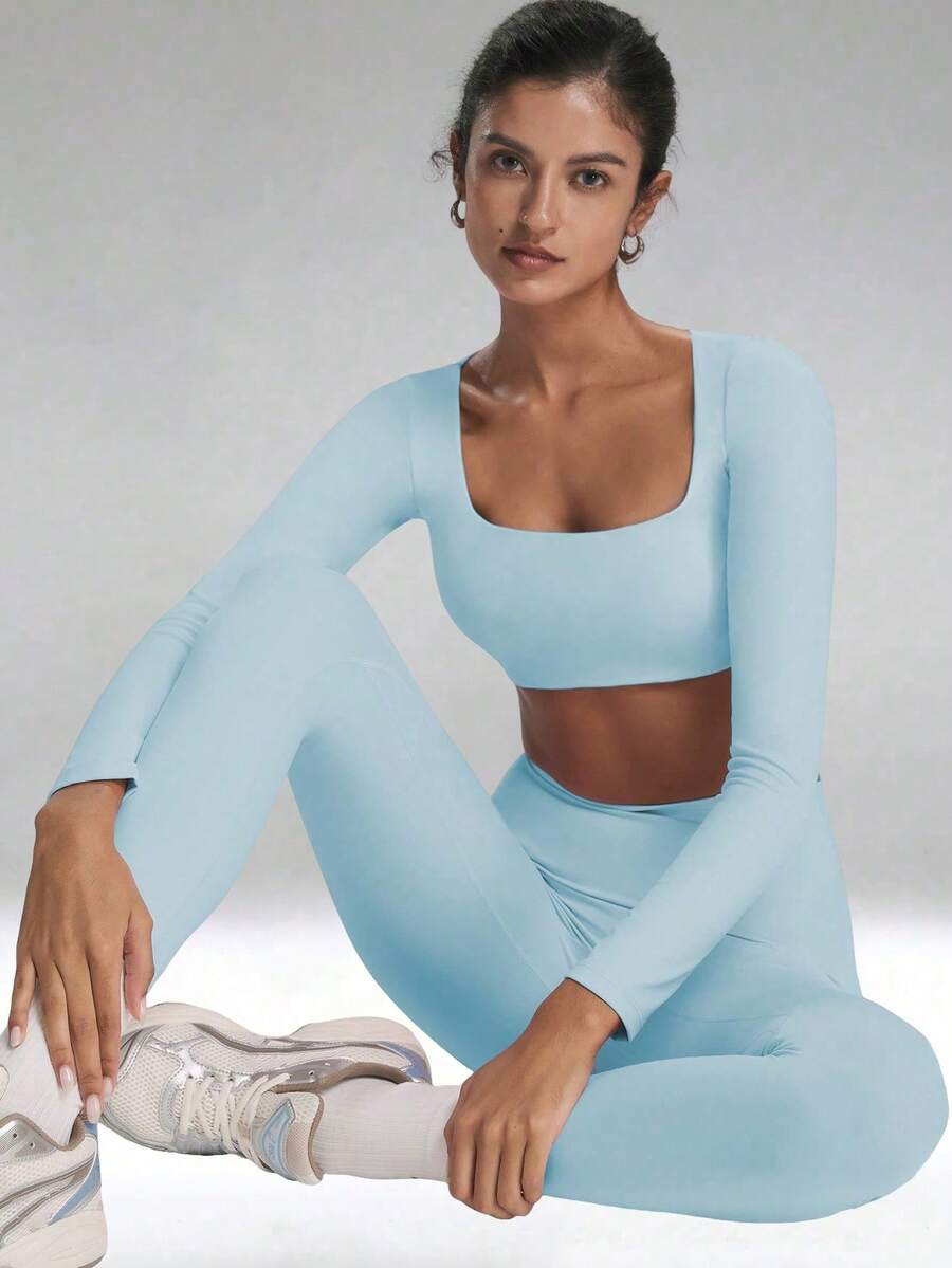 FWH Cropped Long Sleeve Top + Pleated Shorts, Skin-Tight & Comfortable, Designed For Shaping, Naked-Feel Fabric Sports - Baby Blue - View 1