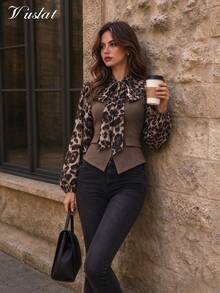 Vuslat Women's Winter Vintage Leopard Print Bowknot Lace-Up Suede Texture Patchwork Waist-Cinching Blouse For Dating, Graduation, Party, Store Visit - Coffee Brown - View 2