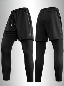 Men's 2-In-1 Sports Running Pants, Quick-Dry Compression Leggings With Zipper Pockets, Training Tights For Jogging, Gym And Workout, Black Autumn Style - Black - View 1