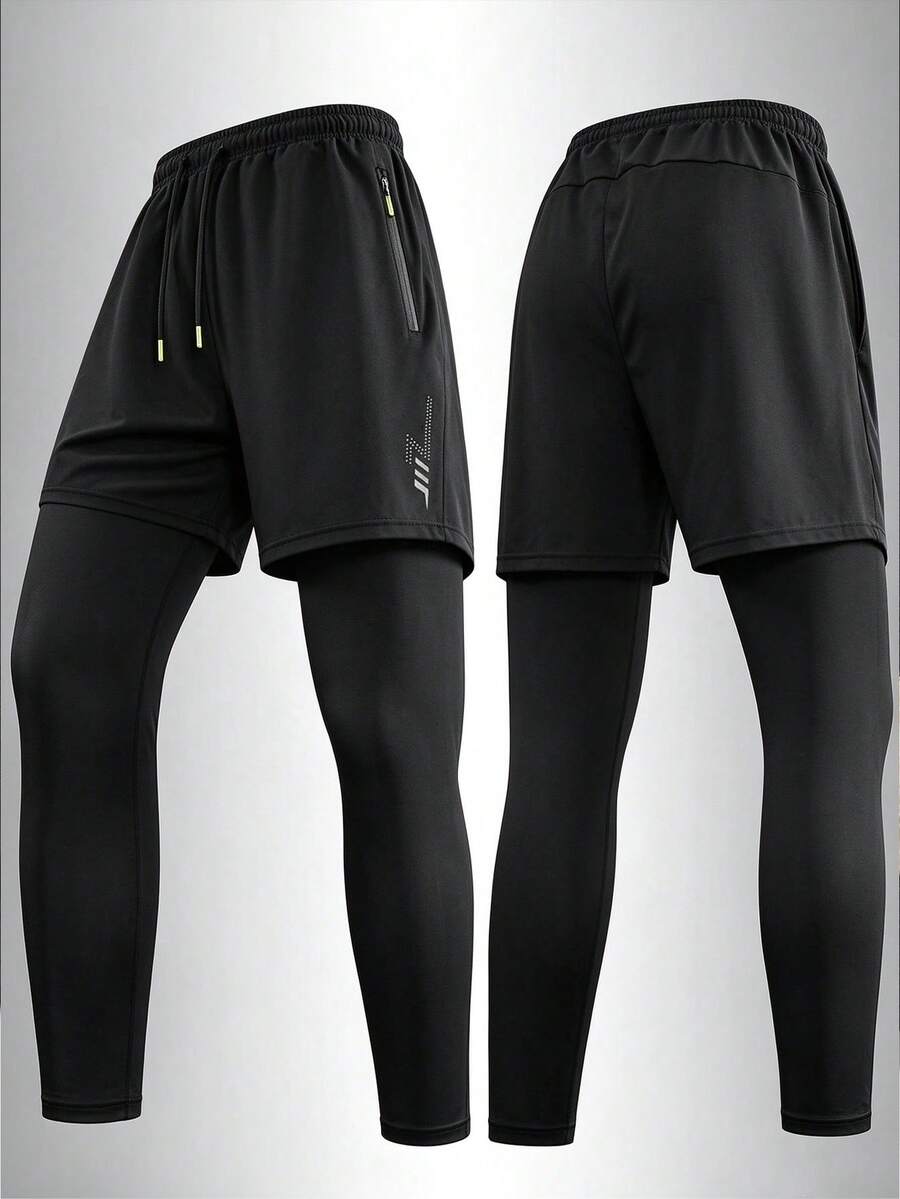 Men's 2-In-1 Sports Running Pants, Quick-Dry Compression Leggings With Zipper Pockets, Training Tights For Jogging, Gym And Workout, Black Autumn Style - Black - View 1