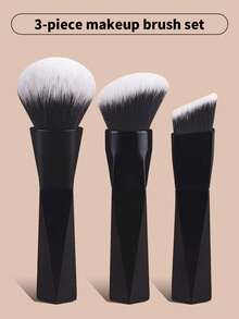 3pcs Geometric Black Handle Makeup Brush Set, Large Round Powder Brush, Angled Blush Brush, Contour Brush, Soft Fluffy Face Makeup Brushes For Setting Powder, Foundation, Blush And Contouring - Black - View 1