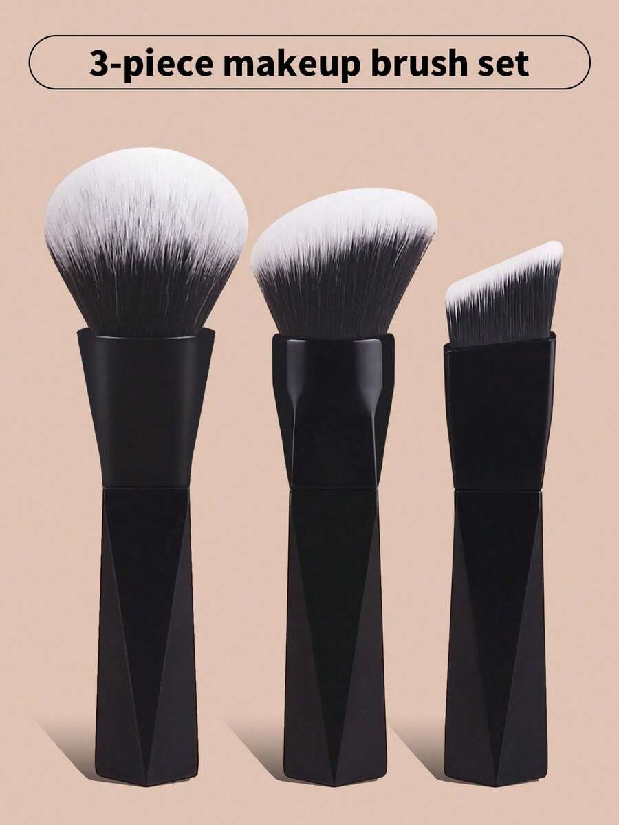 3pcs Geometric Black Handle Makeup Brush Set, Large Round Powder Brush, Angled Blush Brush, Contour Brush, Soft Fluffy Face Makeup Brushes For Setting Powder, Foundation, Blush And Contouring - Black - View 1