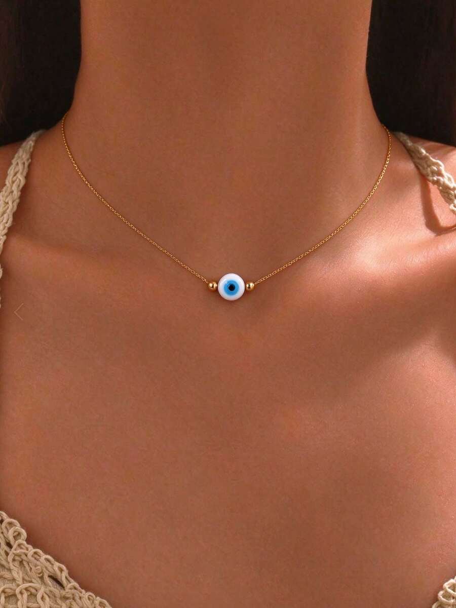 imoli 1pc Fashionable & Minimalist Oil Drip Alloy Eye Pendant Choker Necklace, Western Style, Perfect For Dating & Gifting - 23270 Gold - View 1