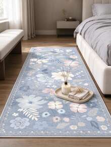 1pc Fog Blue Floral Long Runner Rug, Soft & Comfortable Bedroom Carpet, Washable Rug, Suitable For Front Door, Entryway, Hallway, Kitchen, Bedroom, Dorm, Dining Room, Skin-Friendly Rug, Living Room Carpet, Sofa Seating Rug, Area Rug, Creative Versatile Home Decor Rug, Large Living Room Rug, Bedroom Carpet, Walk-In Closet Rug, Room Decor, Gift For Family And Friends - Multicolor - View 3
