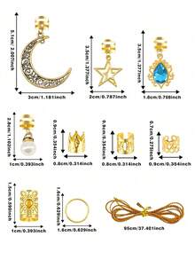 118pcs Gold Star & Moon Hair Accessories Set, Vintage Blue Rhinestone & Pearl Hair Rings, Dreadlock Hair Clips, European & American Hip Hop Braided Hair Ornaments - Multicolor - View 5
