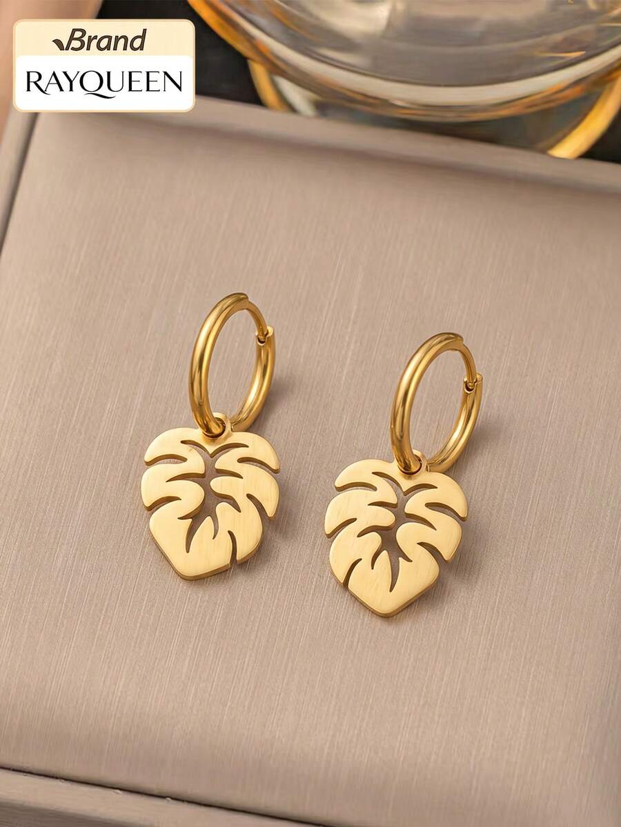 RAYQUEEN 1 Pair Stainless Steel Leaf Pendant Personalized Earrings Gold ...