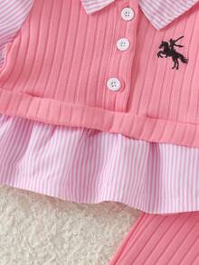 2pcs Baby Girl Cute Casual Long Sleeve Ribbed Collared Shirt & Ribbed Pants Set, Thin Spring/Autumn - Pink - View 4