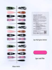 30pcs Long Almond Shaped Press-On Nails, Featuring Cute DoMo, Mustache, Flag, Polka Dot, Pattern Designs, Set Includes: 1pc Jelly Glue And 1pc Nail File. Niche Nails. - Multicolor - View 4