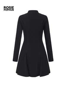 ROSIE POPHUB Women Black Stand Collar Long Sleeve Mini Dress, Front Zip Pleated Flared Hem Elegant Daily Christmas Dress For Fall Winter - Black - View 10