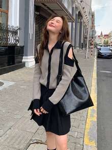 Women's Colorblock Zip-Up Knit Cardigan Sweater Jacket, Autumn/Winter - Grey - View 6