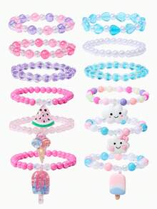 12Pcs Kids Beaded Bracelet Set With Ice Cream & Cloud Charms, Random Color, Cute Jewelry For Girls, Daily Wear, Holiday Party Favors & Birthday Gifts - Multicolor - View 7