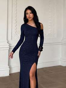 Fall, Sparkly Elegant Dress, Wedding Guest Dress, Party Dress, Suitable For Festivals, Birthdays, Beach, Vacation - Navy Blue - View 4