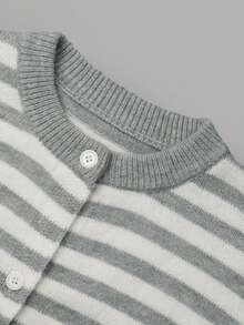 Fall Casual Women Striped Knit Cardigan Soft Round Neck Button Front Long Sleeve Loose Fit Winter Knitted Sweater Jacket For Daily - Multicolor - View 5
