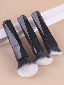 3pcs Geometric Black Handle Makeup Brush Set, Large Round Powder Brush, Angled Blush Brush, Contour Brush, Soft Fluffy Face Makeup Brushes For Setting Powder, Foundation, Blush And Contouring - Black - View 2