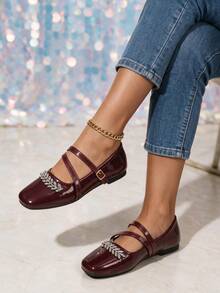 Black Glossy Patent Leather Texture With High-End Feel, Exquisite Sparkling Rhinestone Wheat Ear & Leaf Design On Toe; Square Toe For Comfortable Fit; Double Cross Strap Buckle For Secure Fit And Adjustable Heel Support; Soft Flat Sole, Lightweight And Comfortable, Easy To Wear For Long Walks, Versatile For Commuting And Parties - Burgundy - View 3