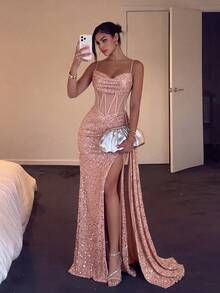 ADYCE Elegante vestido de noche con tirantes de espagueti, patchwork de lentejuelas, ballenas, cintura alta, abertura alta, espalda descubierta, lazo en la cintura y largo hasta el suelo, adecuado para bailes, cenas formales y bodas - Rosa - Ver 2