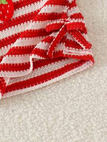 2pcs Baby Girl Cute Mori Style Bright Color 3D Strawberry Waist Bow Knitted Striped Long Sleeve Top & Pants Set, Spring/Autumn New Minimalist - Red and White - View 4