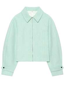 Women's Tweed Cropped Jackets Zip Up Collared Long Sleeve Casual Outerwear Mint Green Short Jacket Fall Outfit For Women - Mint Green - View 3