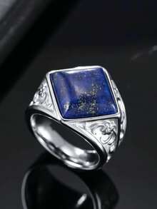 Lapis Lazuli Ring Men's Natural Stone Jewelry Stainless Steel Casting Process Vintage Style Accessory Wear-Resistant Non-Fading - Silver - View 1