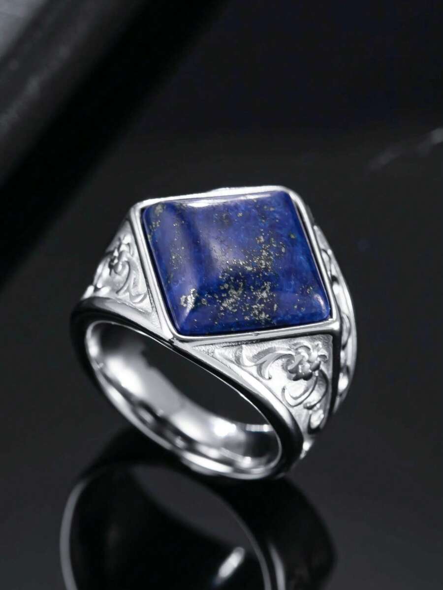 Lapis Lazuli Ring Men's Natural Stone Jewelry Stainless Steel Casting Process Vintage Style Accessory Wear-Resistant Non-Fading - Silver - View 1