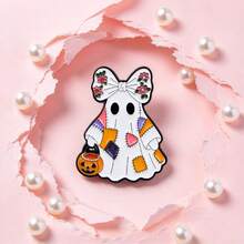 Glow In The Dark Ghost Enamel Pin, Halloween Patchwork Ghost Floral Bow Pumpkin Bucket Lapel Badge, Cute Ghost Brooch For Backpack Jacket,Lovely Gift - Multicolor - View 5