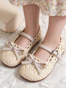 1 Pair Girls Comfortable Breathable Lace Canvas Flat Shoes, Bowknot Decor Design, Hook And Loop Closure, Soft Non-Slip, Fashion Outdoor Flat Shoes, Suitable For Spring, Autumn, Summer, Girls Shoes, Kids Shoes, School Shoes - Beige - View 3