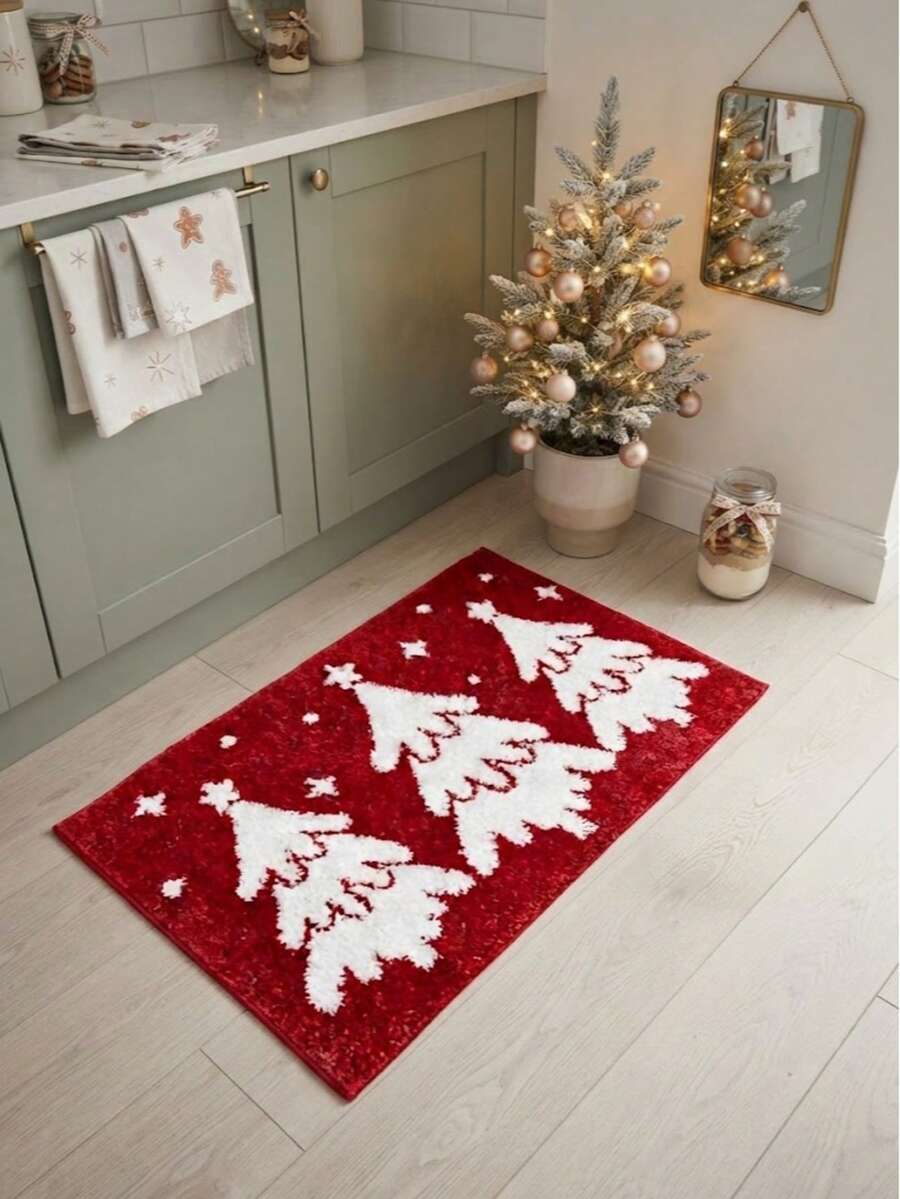 1pc Red Christmas Tree Rug, Faux Cashmere Carpet, Christmas, Home Decor, Room Decor, Christmas Home Decor, Autumn Home Decor, Home Supplies, Doormat, Living Room Rug, Kitchen Mat, Kitchen Decor, Bedroom Decor, Bathroom Decor, Bathroom Mat, Easy To Clean - Multicolor - View 1